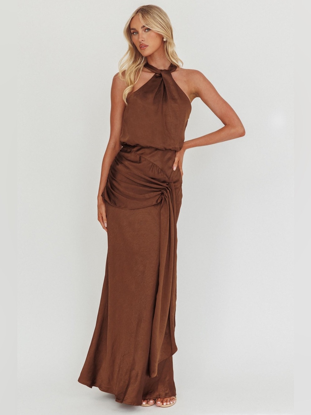 Chocolate Brown Polyester Satin Halterneck Draped Sash Maxi Dress Medium 6